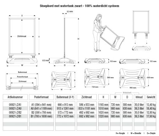Stoepbord 70x100cm formaat met watertankvoet 100% waterdicht Zwart - Afbeelding 16